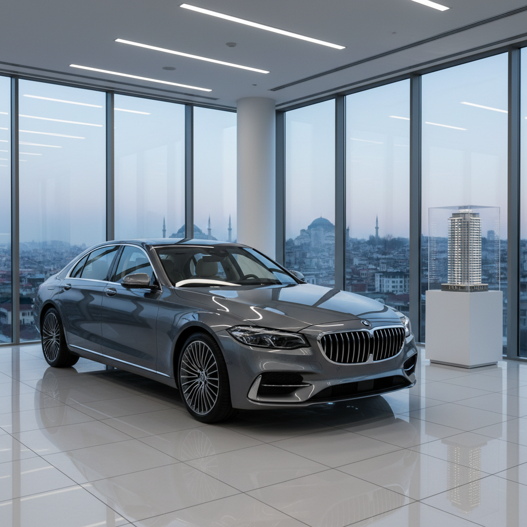 A clean, high-end automotive showroom corner in Istanbul, featuring a single metallic gray sedan with a glossy finish, positioned on a polished light-gray tiled floor. Behind the car, large glass walls reveal an urban backdrop with hints of Istanbul landmarks blurred in the distance. Next to the vehicle, a minimalist pedestal displays a translucent architectural model of a residential tower, connecting the concepts of cars and real estate without any visible text. Overhead, linear LED lights create soft, even illumination that accentuates the car’s curves and reflects subtly on the glass surfaces. The mood is sleek, modern, and trustworthy. Photographed in photographic realism from a low, three-quarter angle, with sharp focus on the car and model, and a clean, uncluttered composition.