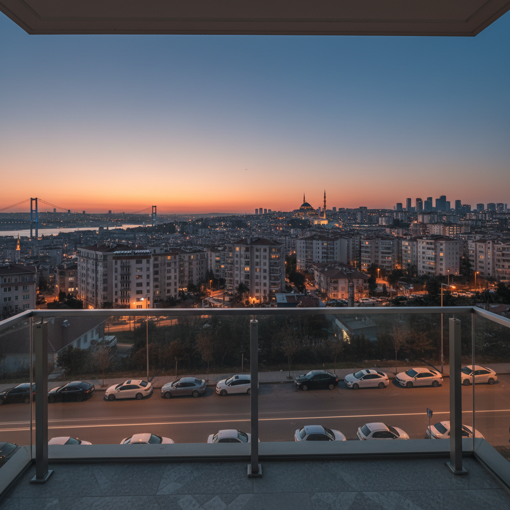 A twilight cityscape of Istanbul viewed from the balcony of a newly built apartment, the foreground showing a glass railing with sleek metal posts and a small section of the balcony’s textured stone floor. Below, a calm street with parked cars hints at the automotive aspect of the business, while in the distance, softly glowing lights trace the outlines of residential blocks and subtle silhouettes of mosques and bridges. The sky transitions from deep blue to warm orange near the horizon. The lighting is a blend of natural dusk and scattered city lights, creating a confident, aspirational mood. Shot in photographic realism from a slightly low angle near the railing, the composition uses leading lines to draw the eye from the balcony toward the broader city, emphasizing opportunity and smart investment.
