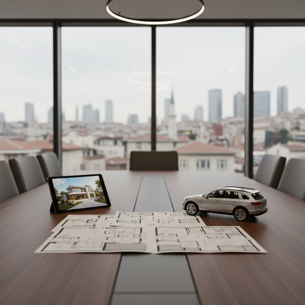 A refined Istanbul meeting space designed for real estate and automotive consultations, featuring a large rectangular wooden table with a satin finish, neatly arranged with open architectural floor plans, a tablet showing a blurred property image, and a detailed die-cast model of a mid-size SUV. A panoramic window in the background reveals an out-of-focus view of Istanbul’s mixed skyline, old rooftops blending with modern towers. Soft, diffused daylight fills the room, complemented by a subtle overhead pendant light, creating an atmosphere of clarity and professionalism. The camera is positioned at table height, focusing on the documents and model car, with a shallow depth of field that gently blurs the background. The image is rendered in photographic realism with a clean, modern aesthetic, ideal for conveying “right decision, right property” visually.