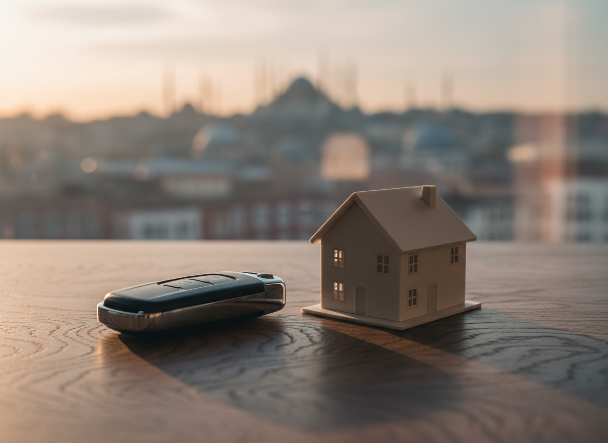 A detailed close-up of a polished car key fob resting beside a small, precise architectural house model on a dark walnut desk surface with visible grain. Behind them, out of focus, a large window reveals an indistinct Istanbul skyline, suggesting location without specific landmarks. Soft side lighting from the window creates gentle highlights on the metal edges of the key and crisp shadows around the miniature building. The mood is focused and decisive, symbolizing making the right choice in property and vehicle. Photographed in photographic realism from a low, close macro angle, using very shallow depth of field so the background melts into smooth bokeh, perfect for illustrating decision-making and trust without showing any people or text.