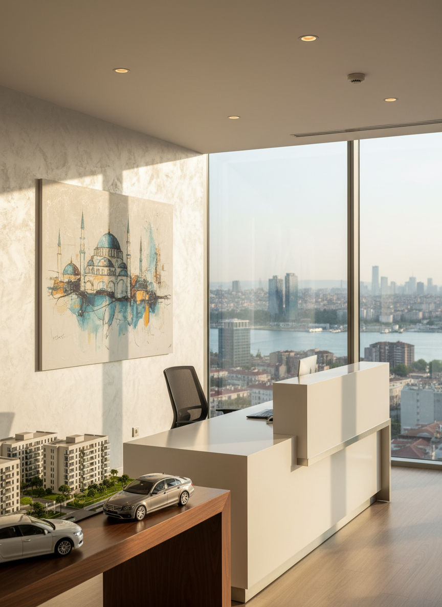 A contemporary Istanbul real estate and automotive office interior, featuring a sleek white reception desk with a brushed metal edge and a subtle abstract cityscape artwork on the wall that hints at Istanbul’s skyline without using text. A large floor-to-ceiling window reveals a softly blurred city view with hints of the Bosphorus and modern buildings. On one side, a detailed architectural model of an apartment complex stands beside a scale model of a mid-range sedan, both on a polished wood console. Natural afternoon light mixes with discreet recessed ceiling lights, creating a professional, trustworthy atmosphere. Photographed at eye level with photographic realism, sharp focus on the desk and models, and a gently softened background for a clean, corporate homepage hero image feel.