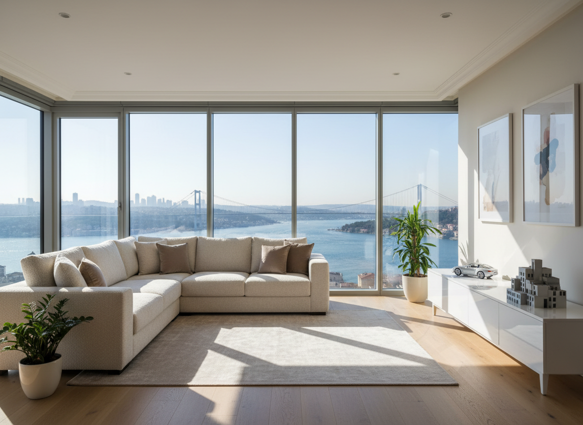 A bright, spacious Istanbul apartment living room staged to look ready for sale, with a large floor-to-ceiling window revealing a partial Bosphorus view and distant city bridges. Inside, a neutral-toned corner sofa with textured fabric sits on a light oak floor, facing a low, minimalist media console. On the console, a small 3D model car and a tiny building mock-up subtly reference real estate and automotive services without text. Soft late-morning daylight pours in, creating gentle shadows and crisp highlights on surfaces. The atmosphere is inviting yet distinctly professional, ideal for a property detail page. Captured at eye level with photographic realism, using the rule of thirds and a moderately shallow depth of field to keep focus on the room’s quality and view.
